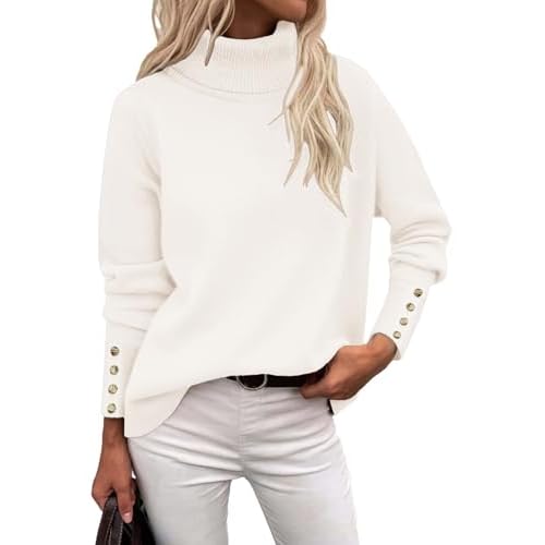 Rapbin Turtleneck Sweaters for Women 2026 Fall Winter Long Sleeve Knit Pullover High Low Hem Sweater with Metal Buttons White X-Large