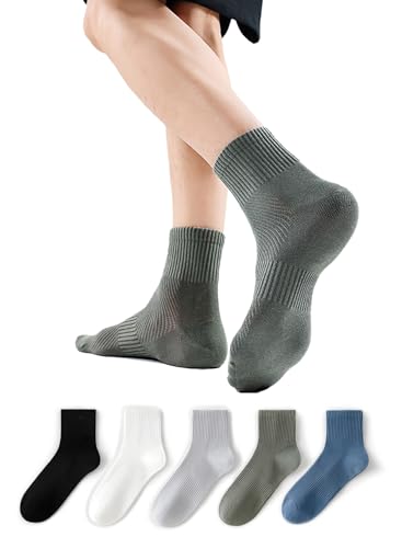 infino Mens Mid-Crew Cotton Socks with 10A Antibacterial & Breathable Mesh - 100% Cotton Seamless Toe Design for All-Day Comfort (5-Pack Assorted Colors)