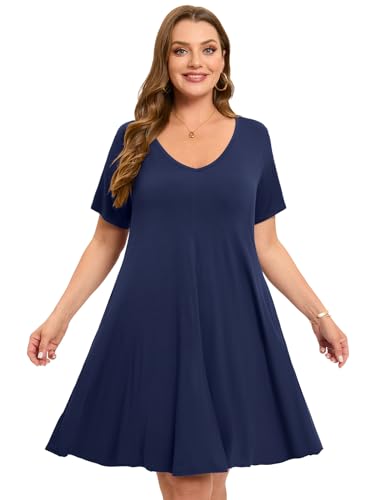 Image of ZENNILO Women's Plus Size Swing Dress with Pockets Casual Summer Dresses V Neck Short Sleeve T Shirt Dress for Women