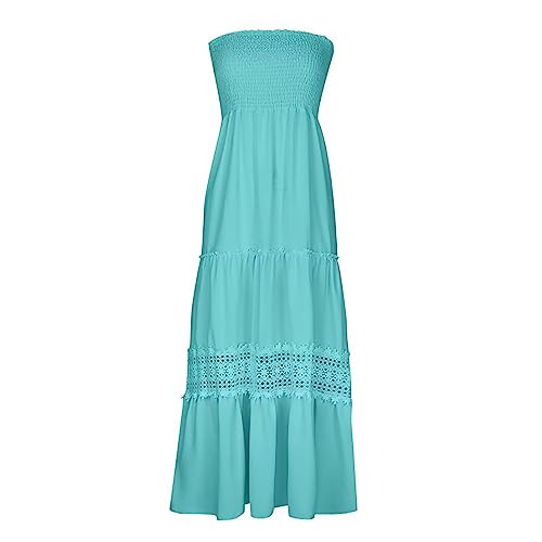 Strapless Dress for Women Summer Boho Beach Cover Ups Sundresses Trendy Off Shoulder Smocked Lace Trim Dress3