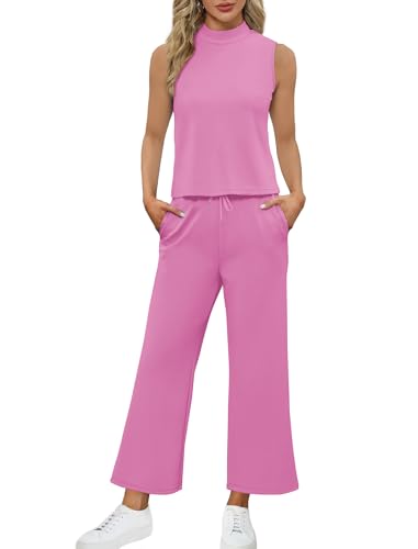 SAMPEEL Two Piece Sets for Women Summer Outfits Lounge Sets Mock Neck Tops Wide Leg Crop Pants Vacation Travel Outfits3