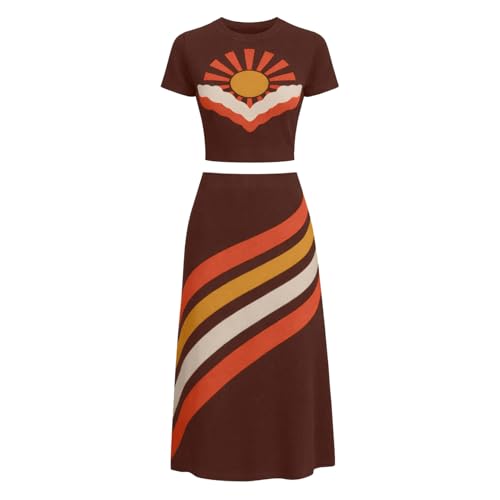 OXKNIT Women's Knitted Skirt Sets, 1960s Retro Sun Pattern T-shirt