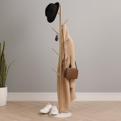 BURAKH Metal Coat Stand with 8 Hooks – Freestanding Garment & Clothes Rack with Umbrella Holder, Space-Saving Hallway & Bedroom Hanger Organizer (Gold (Style 2))