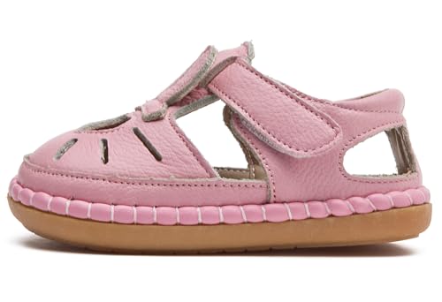 DADAWEN Toddler Girls Leather Closed Toe Summer Sandals Lightweight Non-Slip Soft Sole Cute Flat Shoes Baby Flower Girl Shoes4