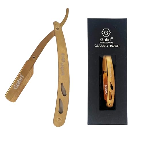 Gabri Folding Cut Throat Razor Authentic - Premium Barber Straight Razor for Men's Shaving - Single Blade Razor (Metal (Gold))