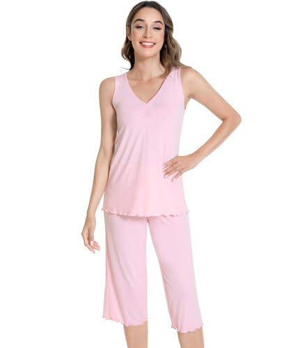 Image of NACHILA Women's Pajamas-Viscose made from Bamboo, V Neck Pjs Top with Capri Pants Pajama Set Sleeveless Sleepwear