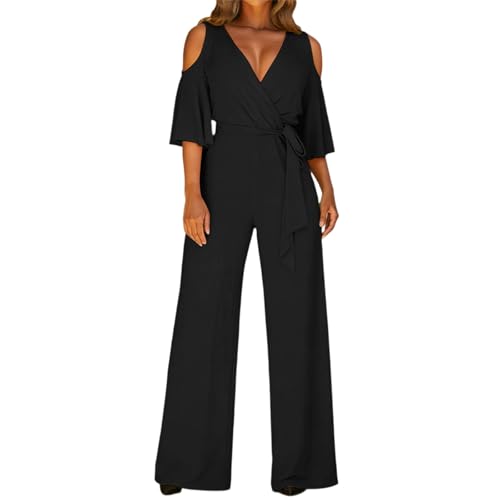 Image of Jumpsuits for Women UK Cold Shoulder Wrap V Neck Short Sleeve Outfits Waist Tie Belt Wide Leg Rompers Solid Color Comfortable Casual Overalls Summer Party Cocktail Wedding Daily Wear Black M