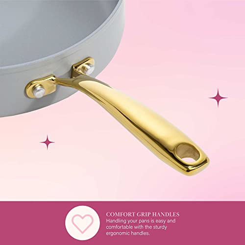 Paris Hilton Iconic Nonstick Pots and Pans Set, Multi-layer Nonstick Coating, Matching Lids With Gold Handles, Made without PFOA, Dishwasher Safe Cookware Set, 10-Piece, Light Gray by Paris Hilton - Image 9