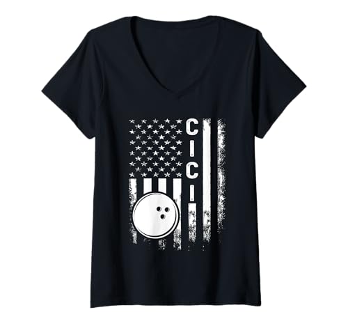 Womens Bowling Cici America Flag Vintage Christmas Xmas V-Neck T-Shirt
