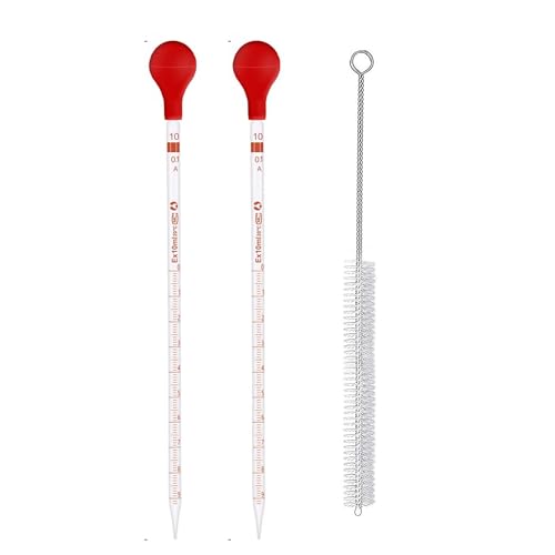 Image of 10ml (13 Inch) Glass Graduated Pipette Droppers with Red Rubber Bulbs (2pc.) & Cleaning Brush for Lab Laboratory Perfume Making Cosmetics School College Science Essential Oils Home Use
