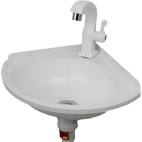 Lavabos de salle de bain Mural,Éviers d'angle Sans perçage,Lave Main Mini Plastique Triangulaire,pour Petit Espac,kit d'échappement inclus, intérieur et...