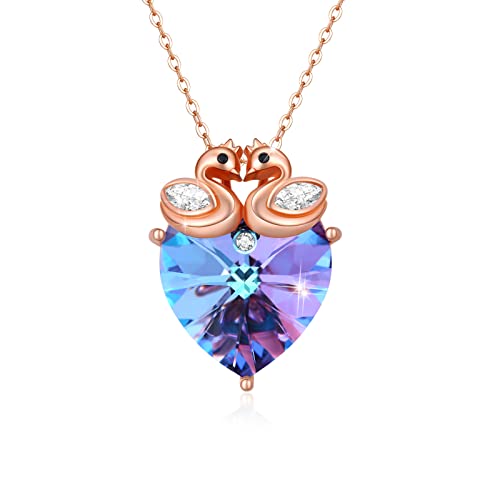 CUOKA MIRACLE Swan Pendant Necklace with Love Heart Crystal Sterling Silver Love Heart Pendant Necklace Double Swan Couple Necklace Swans Jewelry Gift for Women Wife Girls