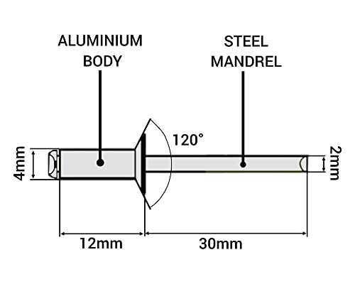 SKIR’CO (100 Stück) Senkkopf Aluminium Blindnieten 4,0 x 12 mm, Stahldorn, Popnieten