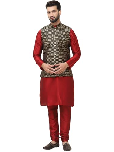 Image of SOJANYA (Since 1958 Men's Silk Blend Kurta Pyjama With Self Design Nehru Jacket