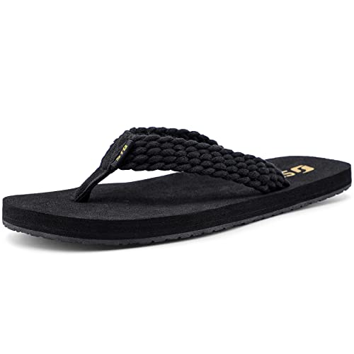 STQ Filp Flops Womens for Wedding Beach Summer Comfortable Flat Ladies Thong Sandals with Arch Support All Black 5.5 UK