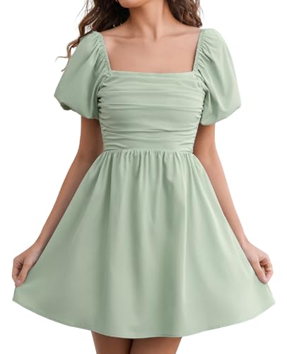 Image of Women Puff Sleeve Graduation Short Dress | Square Neck A Line Casual Sundress Beach Wedding Guest Mini Dress