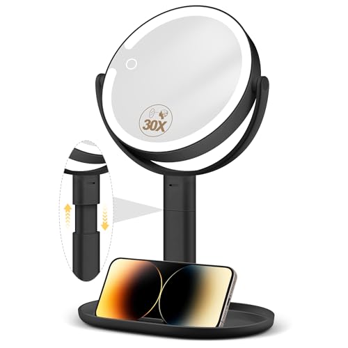 MOMOKUBA Kosmetikspiegel mit Beleuchtung, Vergrößerungsspiegel mit Licht 30fach, Kosmetikspiegel mit Vergrößerung 7", Doppelseitig 3 Farben 64 Led, Schminkspiegel mit Beleuchtung 360° Drehbar, Schwarz 1