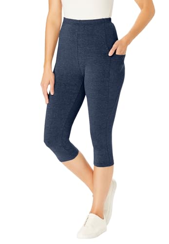 Woman Within Plus Size Petite Stretch-Cotton Knit Pull-On Pocket Capri Leggings - 1X, Heather Navy