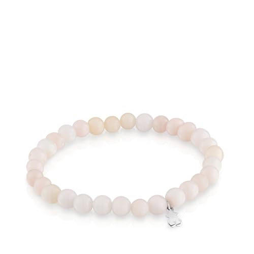 TOUS Pulsera Elástica Rosa de Vidrio con Motivo de Oso en Plata de Primera Ley para Mujer, 16.5cm de Largo, Colección Basics