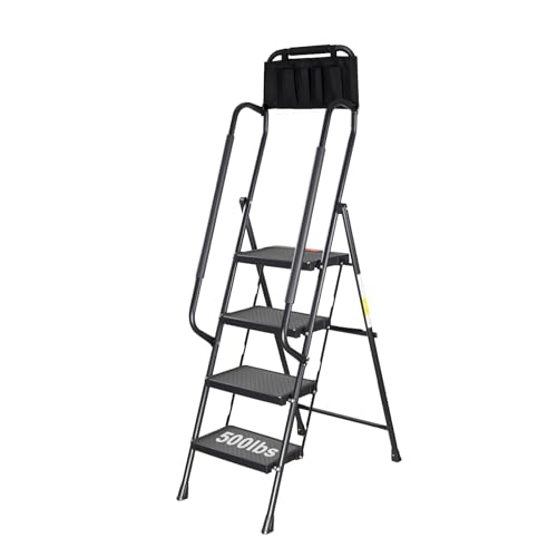 Valeo 4 Step Ladder with Handrails,500 Lbs Capacity,Folding Step Stool Ladder with Attachable Tool Bag,Lightweight & Storage Step Ladder 4 Step Folding,Multi-use for Home,Kitchen,Office,Black