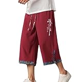 Bauzuoyo Pantalones japoneses de verano para hombre, pantalones holgados 7/8, kimono de pierna recta, pantalones samurai, ropa tradicional con cordón, informal, ligero, para la playa, jogger, yoga