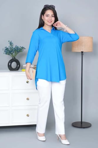 Image of Mlada Rayon Flare Top for Women | 3 /4th Sleeve Regular Fit and Flare Top | Women Office Tops Tunic | Western Long Shirt Top for Women | Shirt Collar Top for Women | Rayon Tunic Tops for Women Western