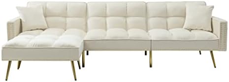 Velvet Convertible Sleeper Sofa Bed,Sectional L-Shaped Corner Couch with 2 Pillows&Reversible Chaise Lounge for Living Room Furniture Sets,3 Adjustable/Splitback/Metal Legs