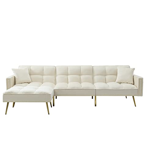 Velvet Convertible Sleeper Sofa Bed,Sectional L-Shaped Corner Couch With 2 Pillows&Reversible Chaise Lounge For Living Room Furniture Sets,3 Adjustable/Splitback/Metal Legs #TOP3