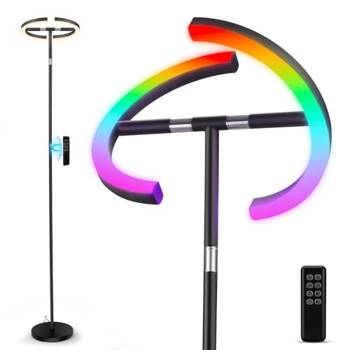 Tisey Floor Lamps for Living Room, Stepless Dimming Uplighter Floor Lamp with Rotatable Dual LED Panels (RGB & CCT), Button & Remote Control, 3000-6000K Adjustable Color Temperature