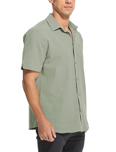 Tureface Men's Cotton Casual Button Down Chambray Linen Short Sleeve Shirts Pea Green Large #TOP1