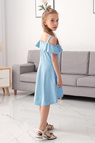 Gorlya Girl's Cold Shoulder Flounce Trim Elegant Casual Formal Dress With Pockets For 4-14T Kids (Gor1045, 6-7Y, Blue) #TOP2