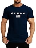 [X-Jang] ジム tシャツ ストレッチ 半袖 細身 フィットネス トレーニング 筋トレ スポーツ おしゃれ メンズ 速乾性 (JP, アルファベット, L, ネイビー)