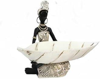African Woman Resin Tray Figurine, White Leaf Decorative Bowl Sculpture, Boho Tribal Art Statue for Jewelry Storage and Home Decor