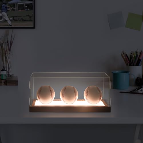 LuxRound Baseball Display Case with LED Light Clear Acrylic Baseball Holder Box, Baseball Display Box Wooden Base, Light Up Display Case for Memorabilia Baseball Showcase - Thumbnail 3