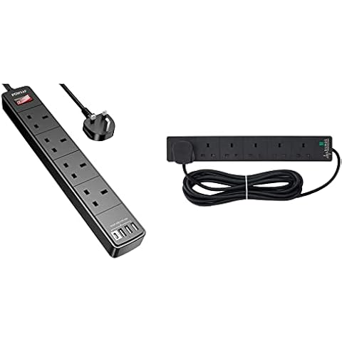 Extension Lead with 4 USB Slots ,POWSAF Power Strip Extension cord with 4 way plug extension Socket and 2M Extension Cable,Black & Pro elec PL12985 5 m 13 A 6 Gang Extension Lead - Black Cover