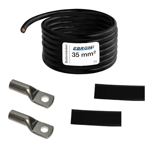 EBROM Batteriekabel „DIY SET MASSEKABEL SCHWARZ - 35 mm² von 30 cm bis 10 Meter, Ringösen Kabelschuhe M6/M8/M10/M12 kombinierbar, Ihre Auswahl: Vollkupfer Kabel 35 mm2, 120 cm Kabelschuh 2 x M8