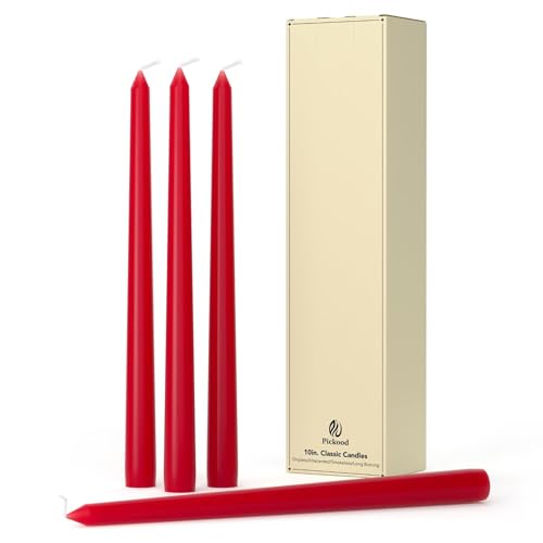 Pickood 10-Inch Tall Dripless Taper Candles Set of 4 - Red Tapered Candles, Perfect for Christmas - Smokeless, Unscented, Long Burning - Hand Poured, Colored Tall Candlesticks - Bright Red