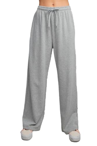 Women's Wide Leg Lounge Pants, Drawstring Waist, Heather Gray, Casual Comfort Medium