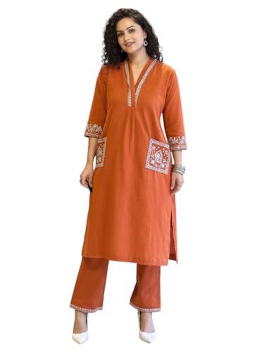 Kurta en rayonne brodée haut de gamme et son pantalon traditionnel orange XL