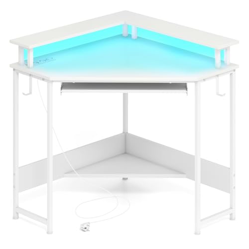 COSTWAY Escritorio Esquinero con Estación de Carga, 80 x 88cm, Mesa Escritorio L con LED, Estante, Bandeja de Teclado y Soporte de Monitor, Oficina Dormitorio, Espacios Pequeños (Blanco)