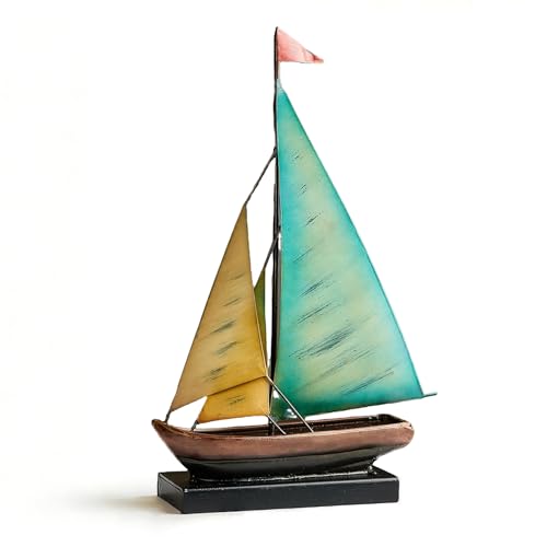 Octdays Metal Sailboat Sculpture, Modern Iron Boat Statue Home Decor for Living Room Bedroom Office Entryway Fireplace, Handmade Nautical Art Ornament (Yellow and Blue Sailboat)