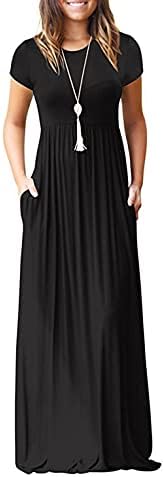 GRECERELLE Women's Short Sleeve Loose Plain Maxi Dresses Casual Long Dresses with Pockets Black Small