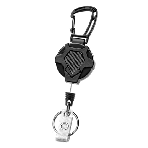 Image of Heavy Duty Retractable Keychain (1-Pack) | Carbon Fiber Badge Holder with 80cm Steel Wire Cord | Tactical Carabiner Clip for ID Cards & Bike Keys (Black)