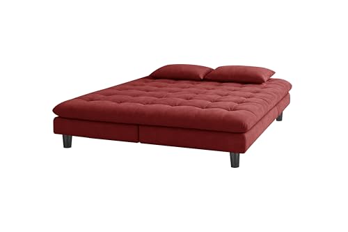 Image of 3-Seater Velvet Sofa Cum Bed, Tufted Convertible Sleeper Couch, Space-Saving Design, Comfortable Cushioned Seating - Red