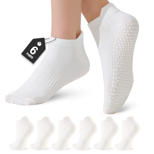 Veymitour 6 Pairs White Pilates Socks for Women Grip Yoga Socks Crew Grippy Non Slip for Barre Ballet Dance & Hospital