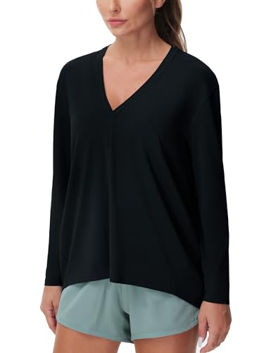THE GYM PEOPLE Women's Long Sleeve Workout Shirts Loose Fit V-Neck Running T-Shirts Tops Black