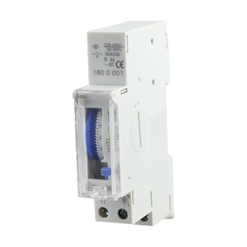 Mechanical Timer, 180A Analog Timer Switch with DIN Rail Mount, 15-Minute Interval, Power Outage Memory for Shop Lighting Control, 16A 230VAC