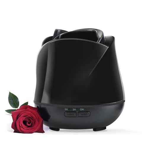 Earnest Living Rosen Aroma Diffuser 150 ml – Mini Ultraschall Duftdiffusor für ätherische Öle, leiser USB-Luftbefeuchter mit 7 LED-Farben, Auto-Off & BPA-frei – für Schlaf & Entspannung – Schwarz
