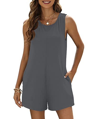 Nfsion Women's Summer Casual Loose Tank Romper Sleeveless Crewneck Jumpsuit Shorts Romper With Pockets Medium Gray #TOP1