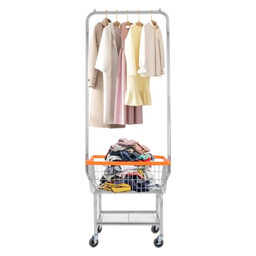 Laundry Cart With Hanging Rack And Wheels, Metal Laundry Hamper With Storage Basket And Shelf, Rolling Laundry Cart